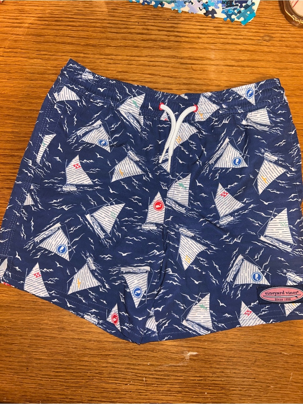 Vineyard Vines Navy Sailboat Print Swim Shorts with White Drawstring